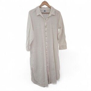 Old Navy Linen Blend Button Down Midi Shirt Dress Sz L Beige Neutral Minimalist